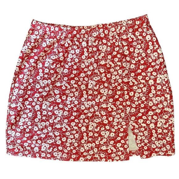 Red & White Ditsy Floral Bodycon Mini Skirt Size Large - Picture 1 of 4